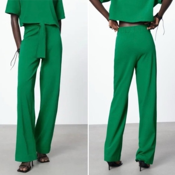 NWT ZARA TIE FRONT WIDE LEG COTTON GREEN PANTS SIZE MEDIUM - Picture 1 of 12